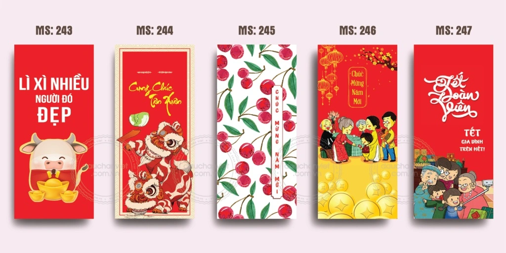 Mẫu bao lì xì truyền thống, hình ảnh ông thần tài, chữ Phúc Lộc Thọ nổi bật.